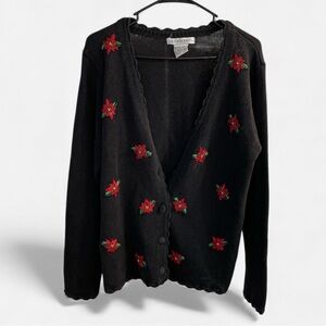 Vintage Victoria Jones Holiday Cardigan Sweater – Beaded Poinsettia – Size S